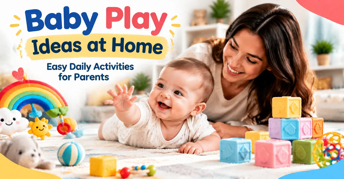 A mother playing with her smiling baby during tummy time at home with colorful educational toys, soft blocks, and a rainbow activity toy in a cozy nursery.