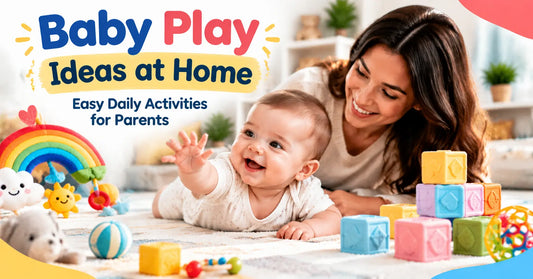 A mother playing with her smiling baby during tummy time at home with colorful educational toys, soft blocks, and a rainbow activity toy in a cozy nursery.