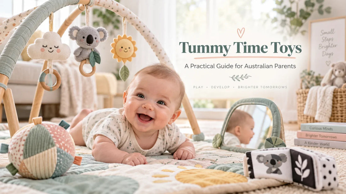 Tummy time toys for babies featuring a baby gym, sensory toys, and developmental play activities for Australian parents.