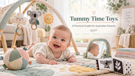 Tummy time toys for babies featuring a baby gym, sensory toys, and developmental play activities for Australian parents.