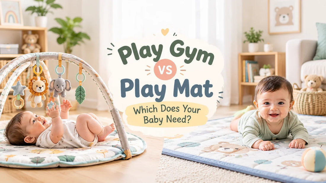 Use this Shopify alt text:  **Play gym vs play mat for babies, showing baby play gym and tummy time play mat options**