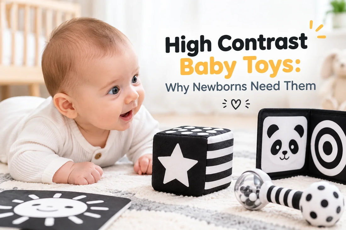 High contrast baby toys for newborns featuring black-and-white patterns to support early visual development.