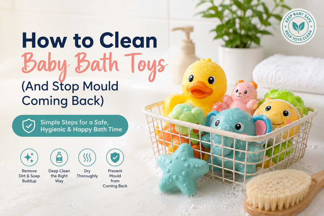 Clean baby bath toys to prevent mould and keep bath time hygienic.