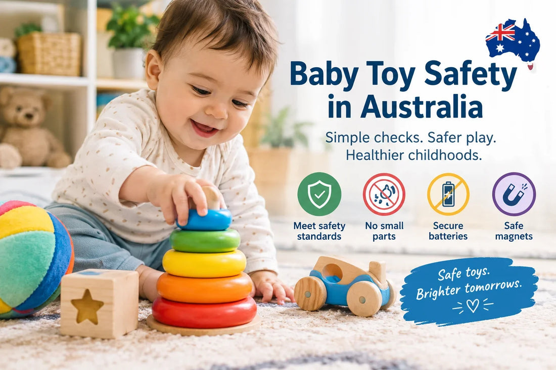 A baby playing with toys while an Australian toy safety checklist highlights safety standards, small parts, batteries and magnets.