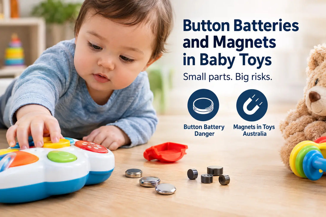 A baby playing with a colourful toy while button batteries and small magnets are shown nearby, illustrating button battery and magnet safety risks in baby toys.