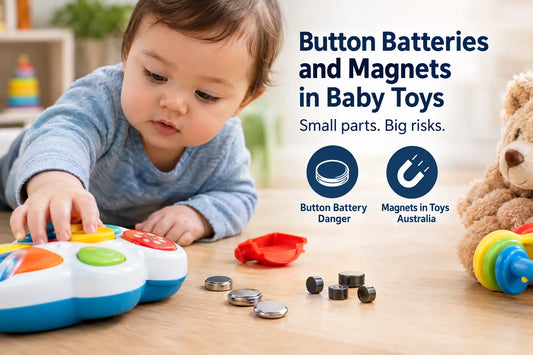 A baby playing with a colourful toy while button batteries and small magnets are shown nearby, illustrating button battery and magnet safety risks in baby toys.
