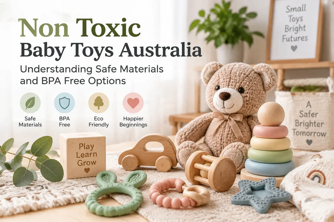A collection of non toxic baby toys including wooden blocks, silicone teethers, stacking rings, and soft toys arranged in a natural nursery setting for safe baby play
