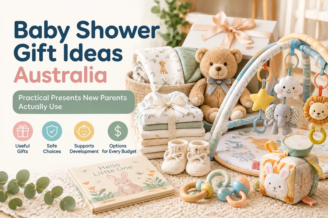 Baby shower gift ideas Australia featuring practical newborn gifts, baby play gym, soft toys, blankets, rattles, and safe presents for new parents