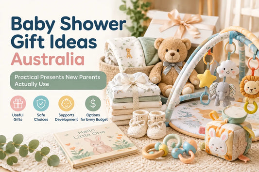 Baby shower gift ideas Australia featuring practical newborn gifts, baby play gym, soft toys, blankets, rattles, and safe presents for new parents