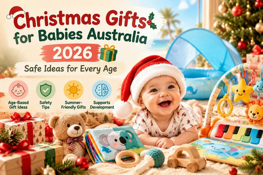 Christmas gifts for babies in Australia featuring a smiling baby wearing a Santa hat, surrounded by baby toys, presents, an activity gym, and summer-friendly Christmas gift ideas for different ages.