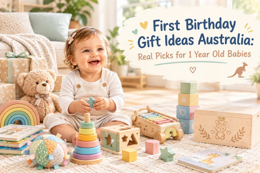 First birthday gift ideas in Australia for 1-year-old babies, featuring educational toys, stacking blocks, teddy bear, books, sensory toys, musical toy, and a keepsake box.
