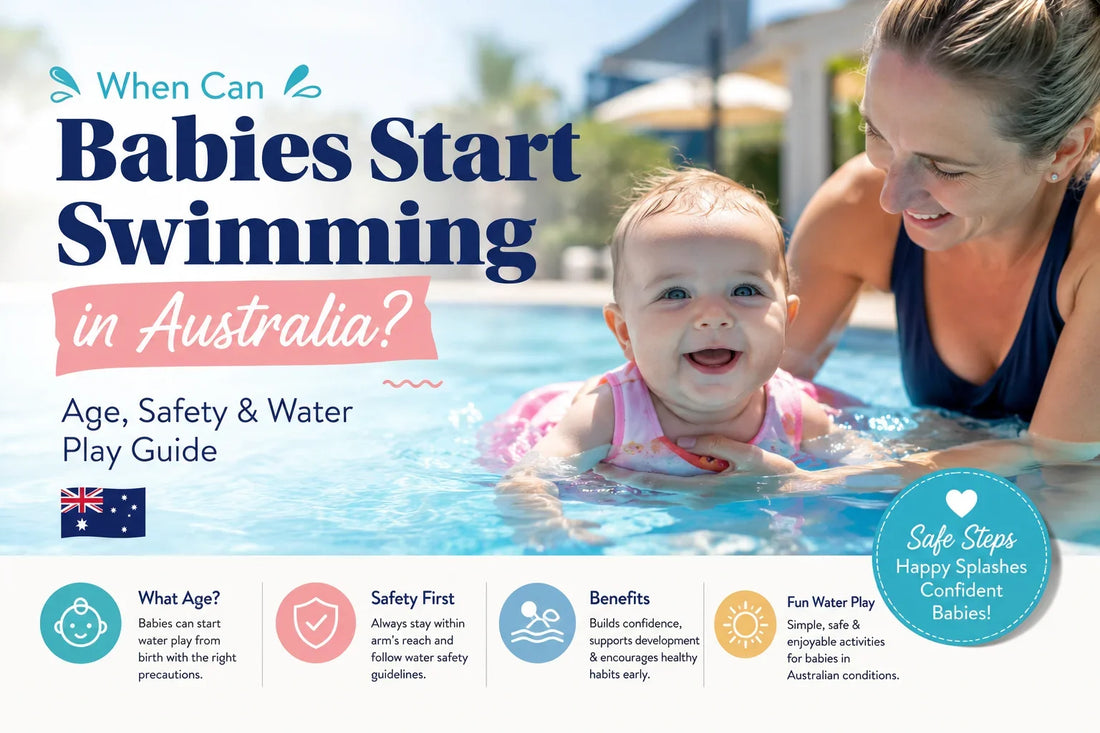 Baby swimming with a parent in a pool, illustrating when babies can start swimming in Australia, along with age, safety and water play guidance.