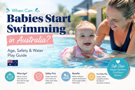 Baby swimming with a parent in a pool, illustrating when babies can start swimming in Australia, along with age, safety and water play guidance.