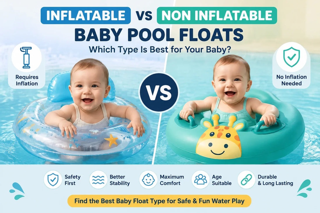 Inflatable vs non inflatable baby pool floats comparison showing babies using different floats with features like safety, stability, comfort, and durability.