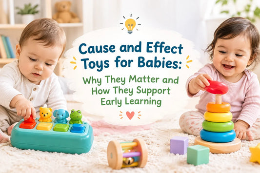 Cause and effect toys for babies supporting early learning, with babies playing with interactive and stacking toys.