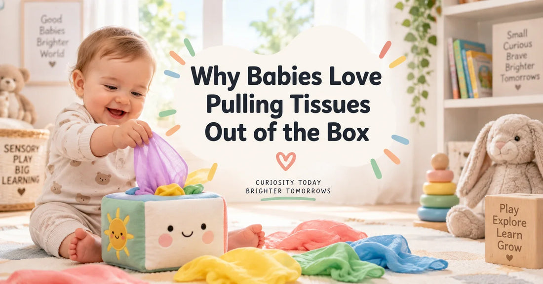 A happy baby playing with a colourful sensory tissue box toy, pulling fabric tissues from the box while exploring textures and movement during sensory play at home
