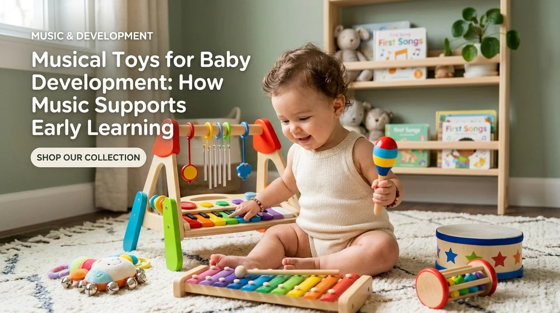 Musical Toys for Baby Development How Music Supports Early Learning create an featured image for this for shopify blog post