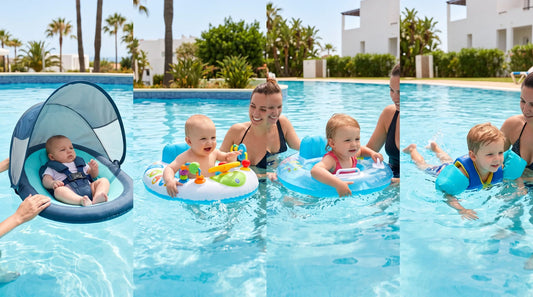 Baby in a non inflatable pool float with sun canopy