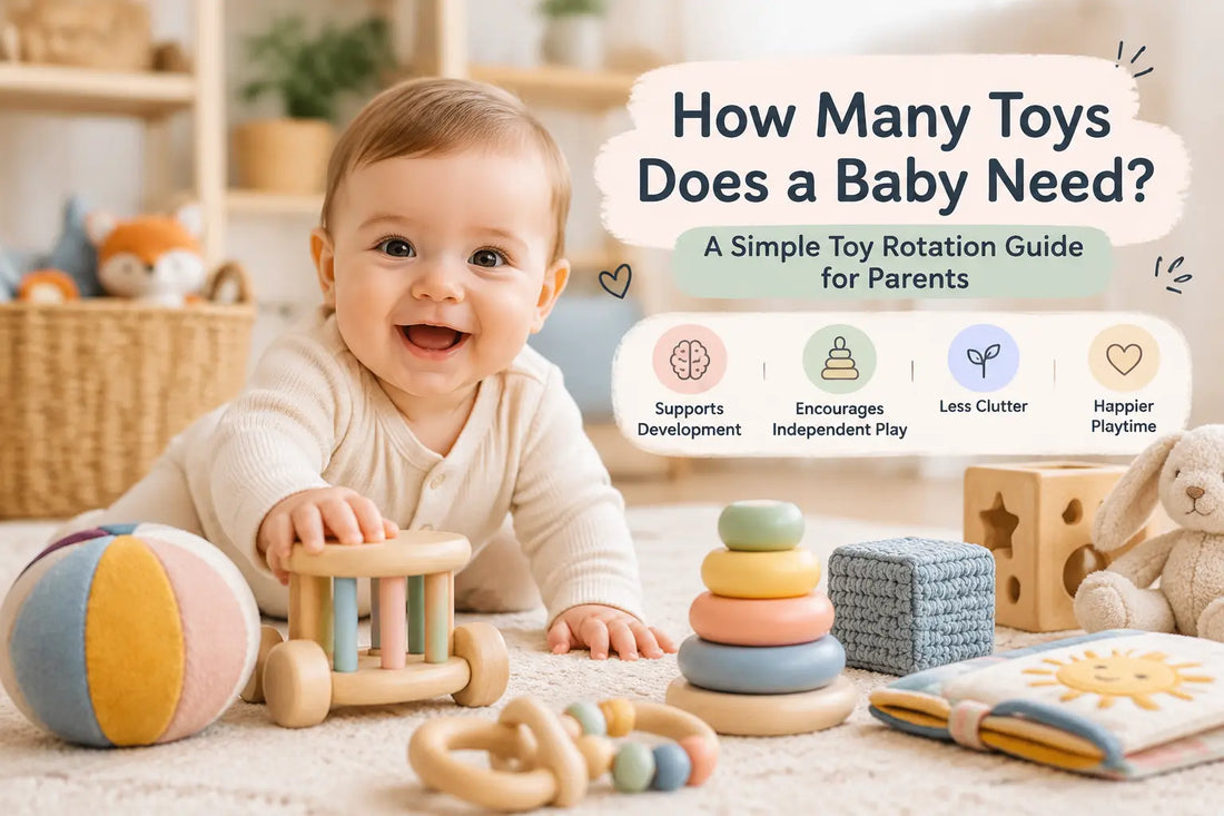 Baby playing with minimalist toys in a nursery showing a toy rotation guide for parents