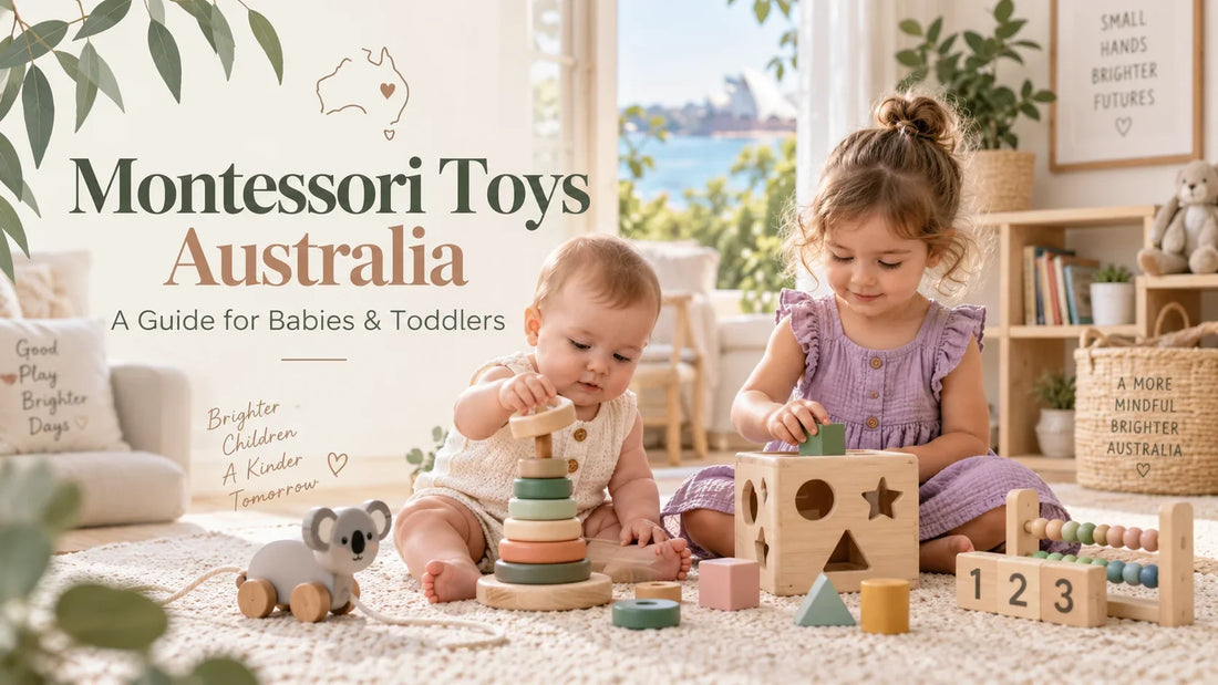 Baby and toddler playing with Montessori toys in an Australian home, including wooden stacking rings, shape sorter, counting toys, and sensory learning activities.