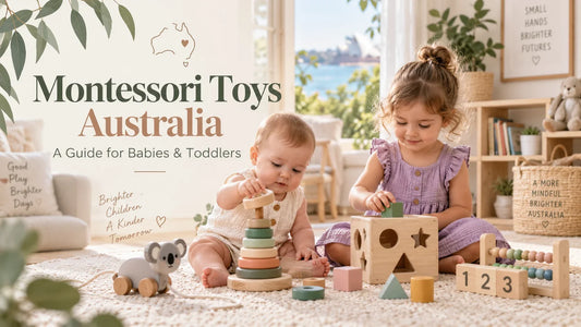 Baby and toddler playing with Montessori toys in an Australian home, including wooden stacking rings, shape sorter, counting toys, and sensory learning activities.