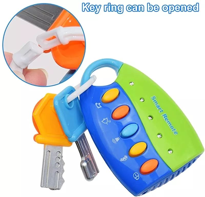 A colorful smart remote keychain toy with a blue and green body, orange and blue buttons, attached keys, and a circular inset showing the key ring opening mechanism. Blue text at the top reads 'Key ring can be opened'.