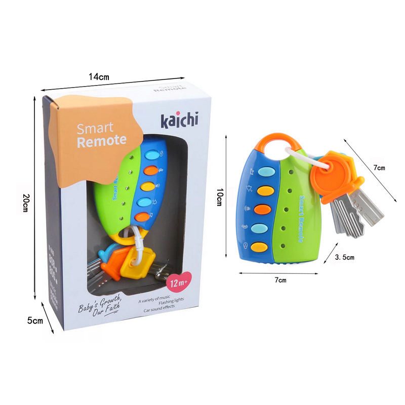 A baby keychain remote toy shown next to its retail box on a white background, with dimension labels around both the package and the toy. The product is a colorful remote with a blue top, green side, orange handle, and attached keys.