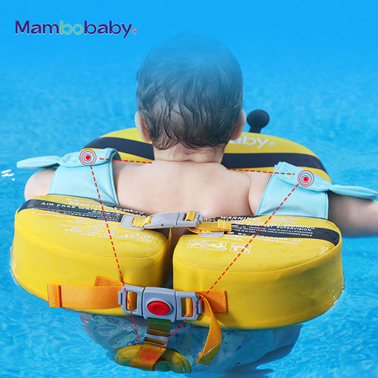 A baby wearing a yellow and light blue Mambobaby swim float vest, viewed from behind in a swimming pool.