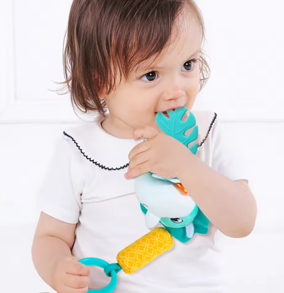 Baby Playing with a Hanging Dinosaur Teether Toy