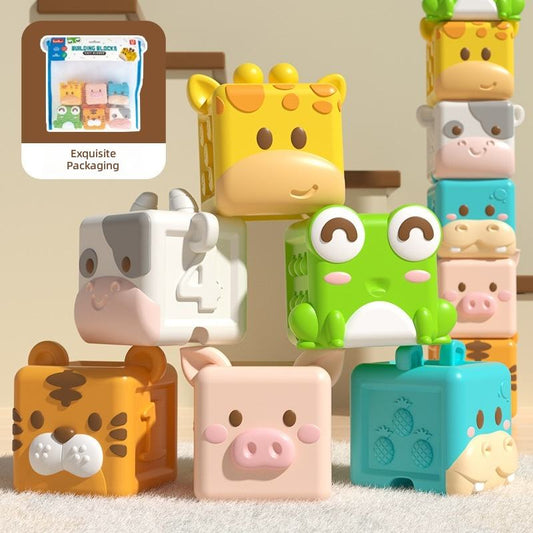 Set of colorful animal-themed building blocks with a focus on 'Exquisite packaging' text.