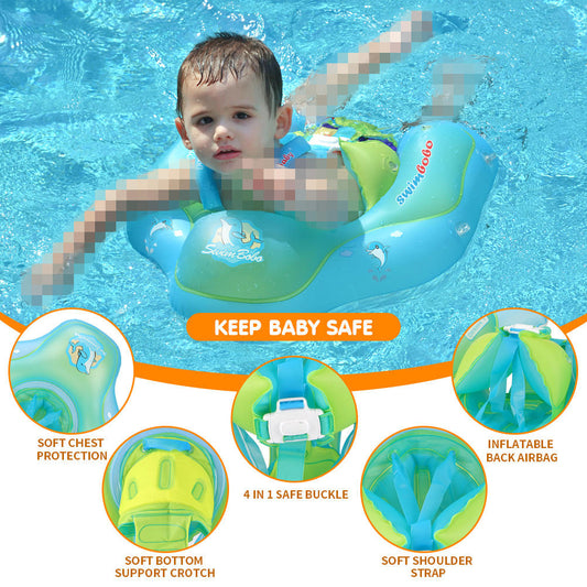 Child wearing a green and blue swim vest in water with safety features highlighted.