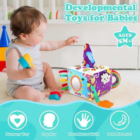 Cartoon Baby Tissue Box Toy Soft Cloth Cube for Toddlers