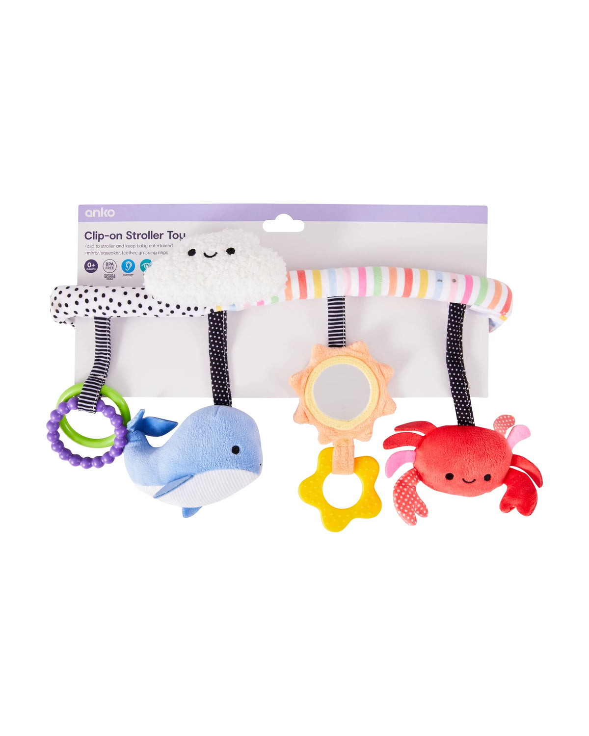 Clip-On Sensory Stroller Toy for Babies | Mirror Teether Rattle