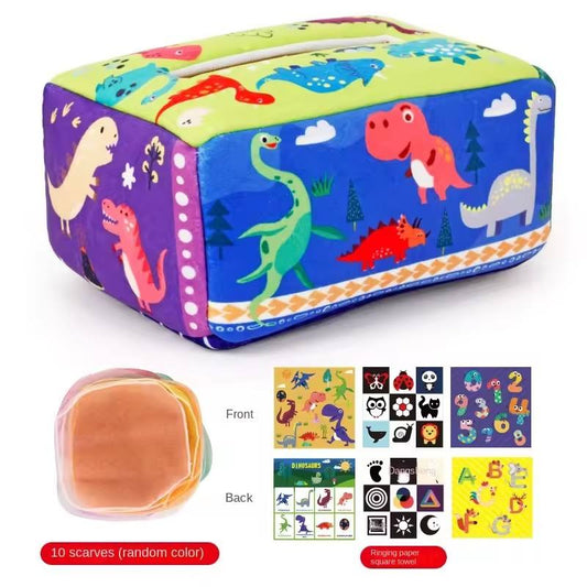 Colorful children's toy with dinosaur design and additional images of scarves on a white background