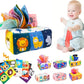 Colorful baby toy with cartoon animals and a baby playing with it.
