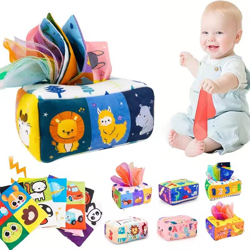 Colorful baby toy with cartoon animals and a baby playing with it.
