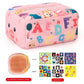 Pink cosmetic bag with cartoon characters and letters, shown with smaller images of the product and additional designs below.