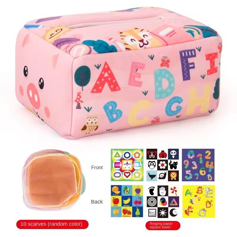 Pink cosmetic bag with cartoon characters and letters, shown with smaller images of the product and additional designs below.