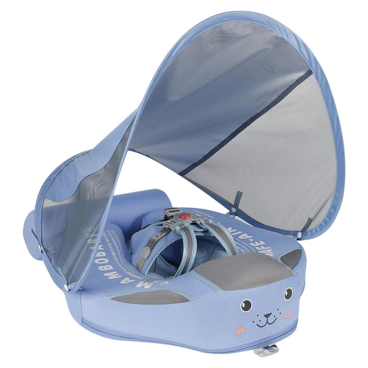 Blue baby seat with a cartoon face on a white background