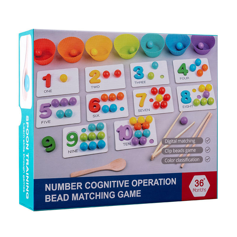 Box of a number cognitive operation bead matching game with colorful beads and numbers.