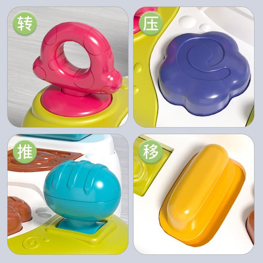 Four-panel close-up of a colorful plastic toy activity board with different pressing, pushing, and sliding pieces, including pink, blue, yellow, and teal components on a white and lime-green base.