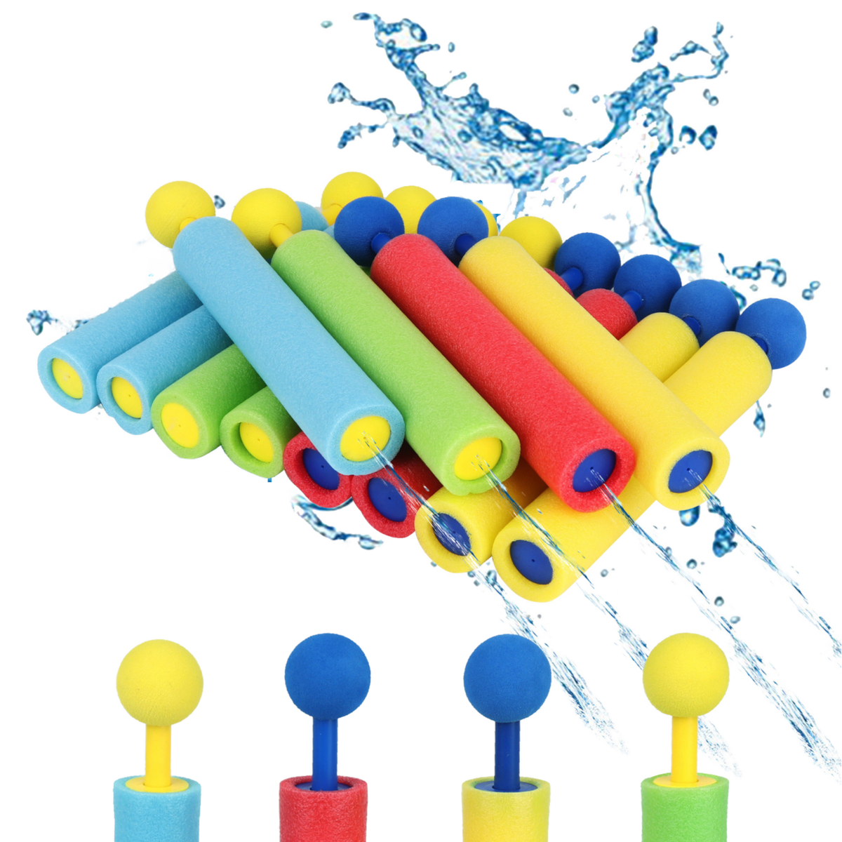 A set of colorful foam pool noodles and water guns shown on a white background with a blue water splash graphic behind them. The main product consists of multiple cylindrical foam pieces in blue, green, red, and yellow, with some pieces featuring blue and yellow ball-tooth ends, and additional toy water guns shown below.