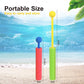Colorful beach toy with measurement details on a beach and ocean background