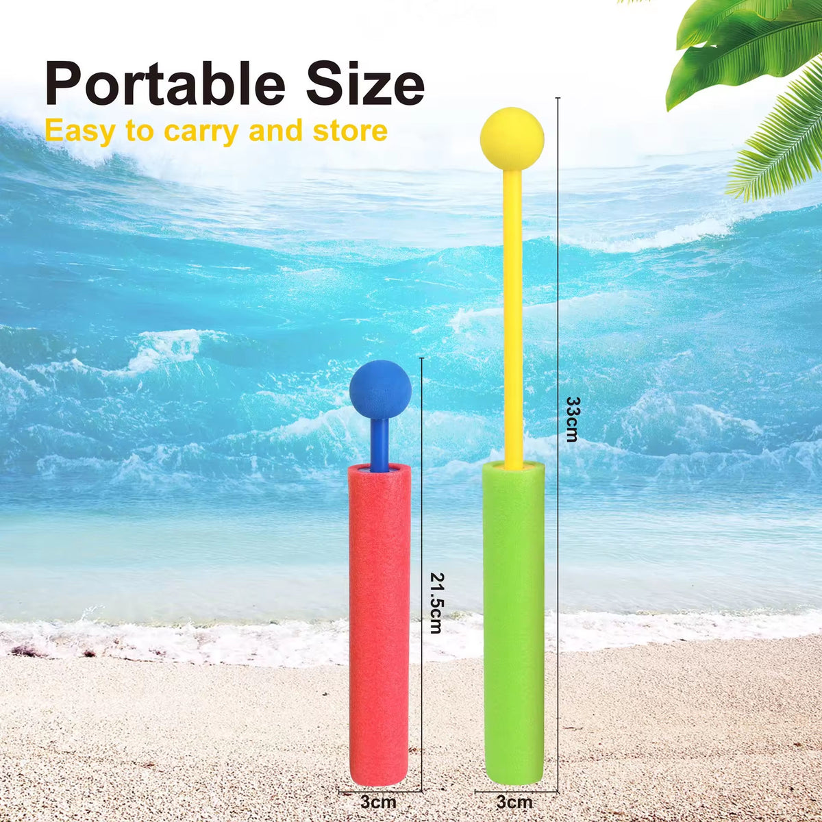 Colorful beach toy with measurement details on a beach and ocean background