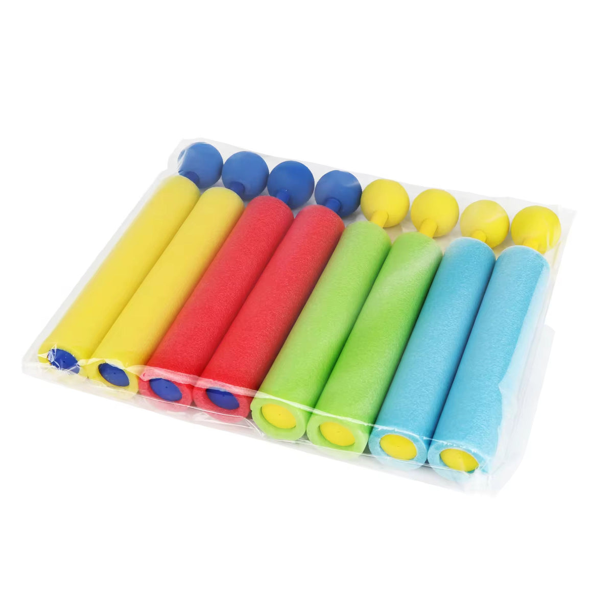 Set of colorful foam rollers in a clear plastic case on a white background
