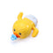 Yellow rubber duck with a blue pacifier on a white background