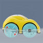 A yellow and white toy car with light blue wheels, shown partially underwater with water splashes and red directional arrows on the wheels against a blue-gray background.
