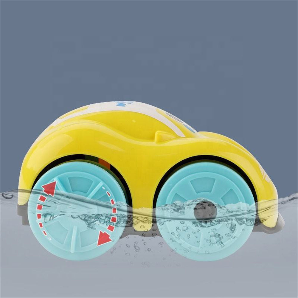 A yellow and white toy car with light blue wheels, shown partially underwater with water splashes and red directional arrows on the wheels against a blue-gray background.