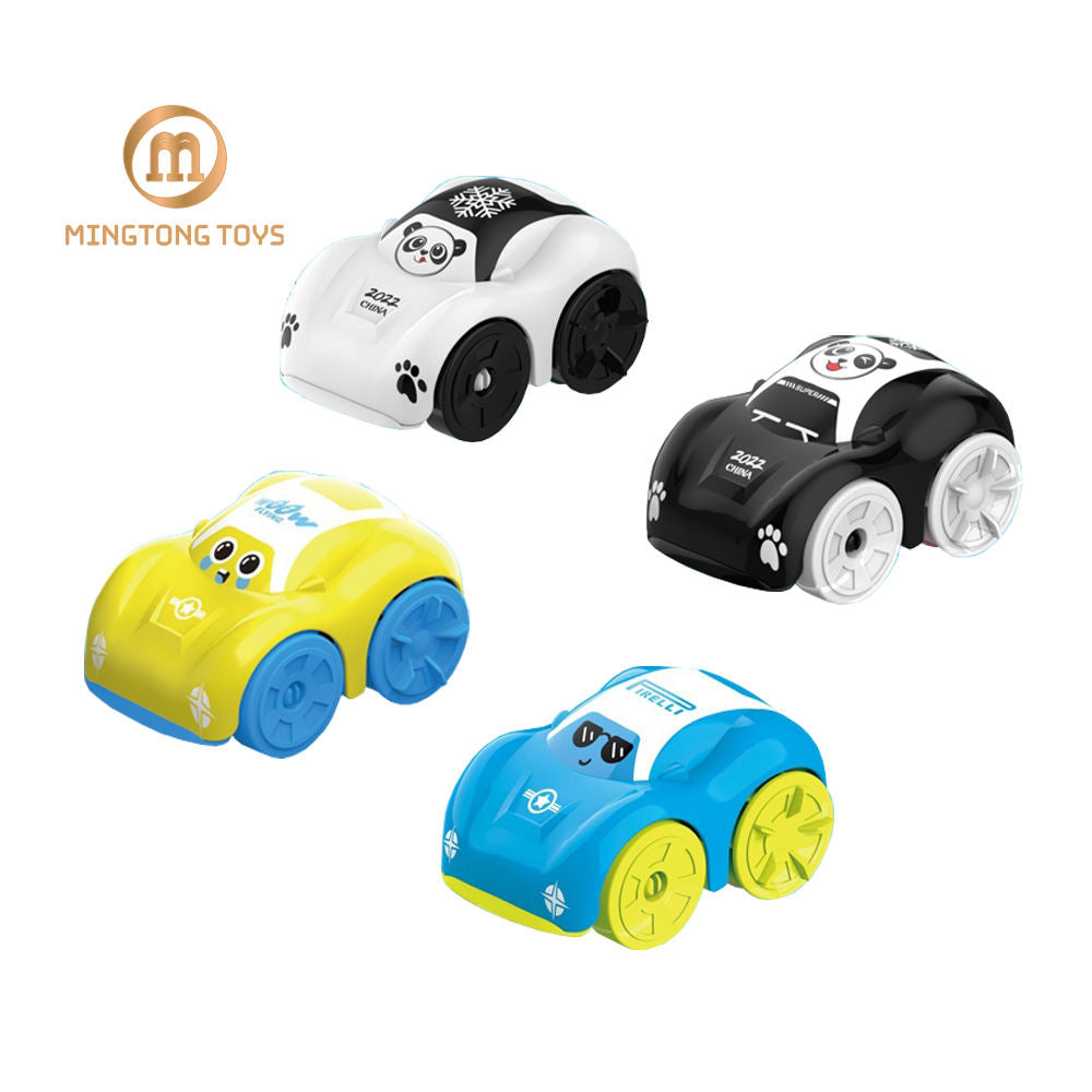 Four small toy cars by MINGTONG TOYS on a white background: one white with black, one black with white, one yellow with blue, and one blue with yellow. Each car has cartoon eyes and paw-print details.
