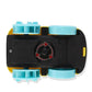 A top-down view of a small toy vehicle chassis, likely a magnetic toy car or train, featuring a black plastic base, yellow side panels, and four light blue wheels.